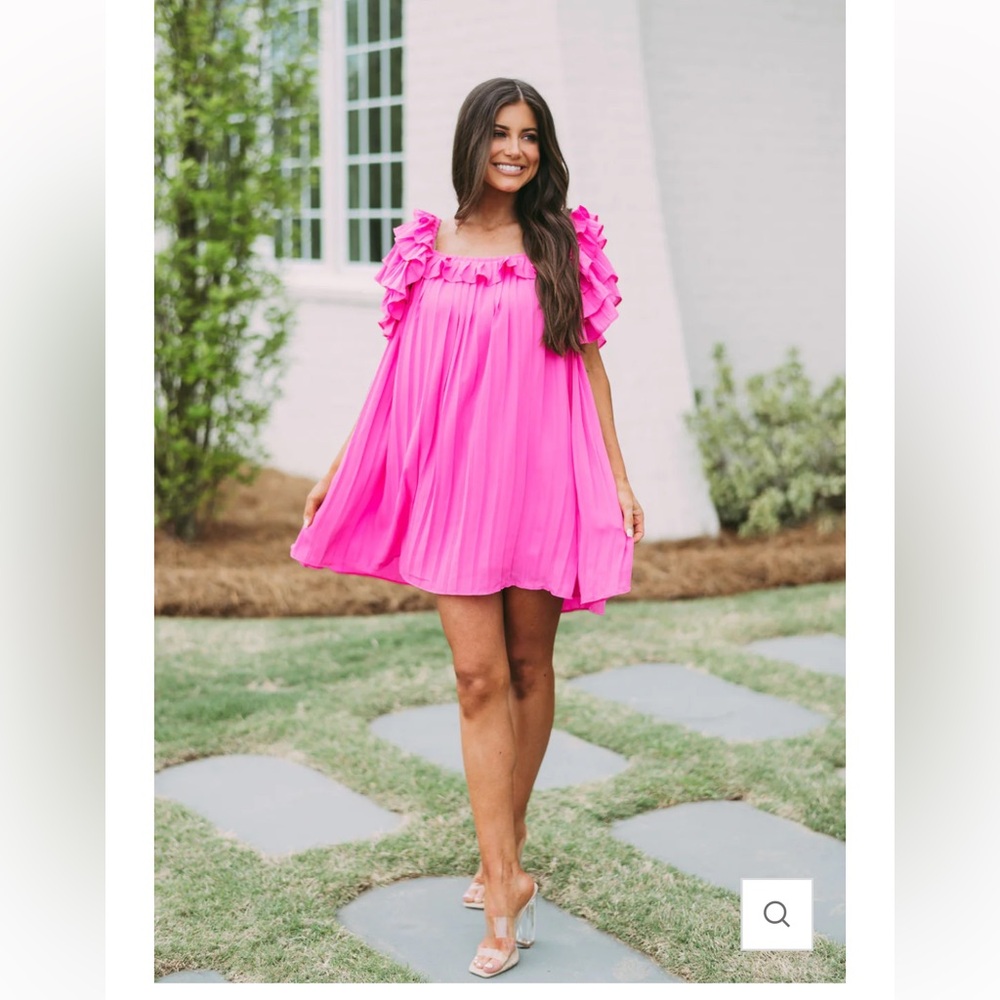 Pleated Frill Shoulder Dress- Barbie Pink